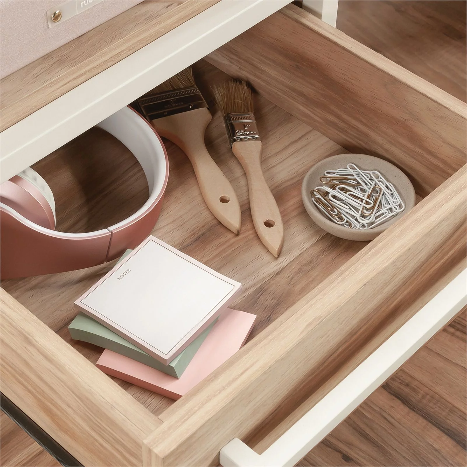 Pemberly Row Engineered Wood L-Desk in Kiln Acacia / Brown Finish