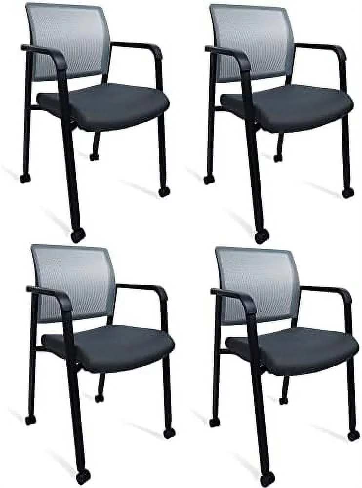 Mesh Back Guest Reception Arm Chairs With Wheels, Waiting Room Chairs With Upholstered Fabric Seat And Ergonomic Lumbar Support For Office Conference School Church Grey (4 Pack)