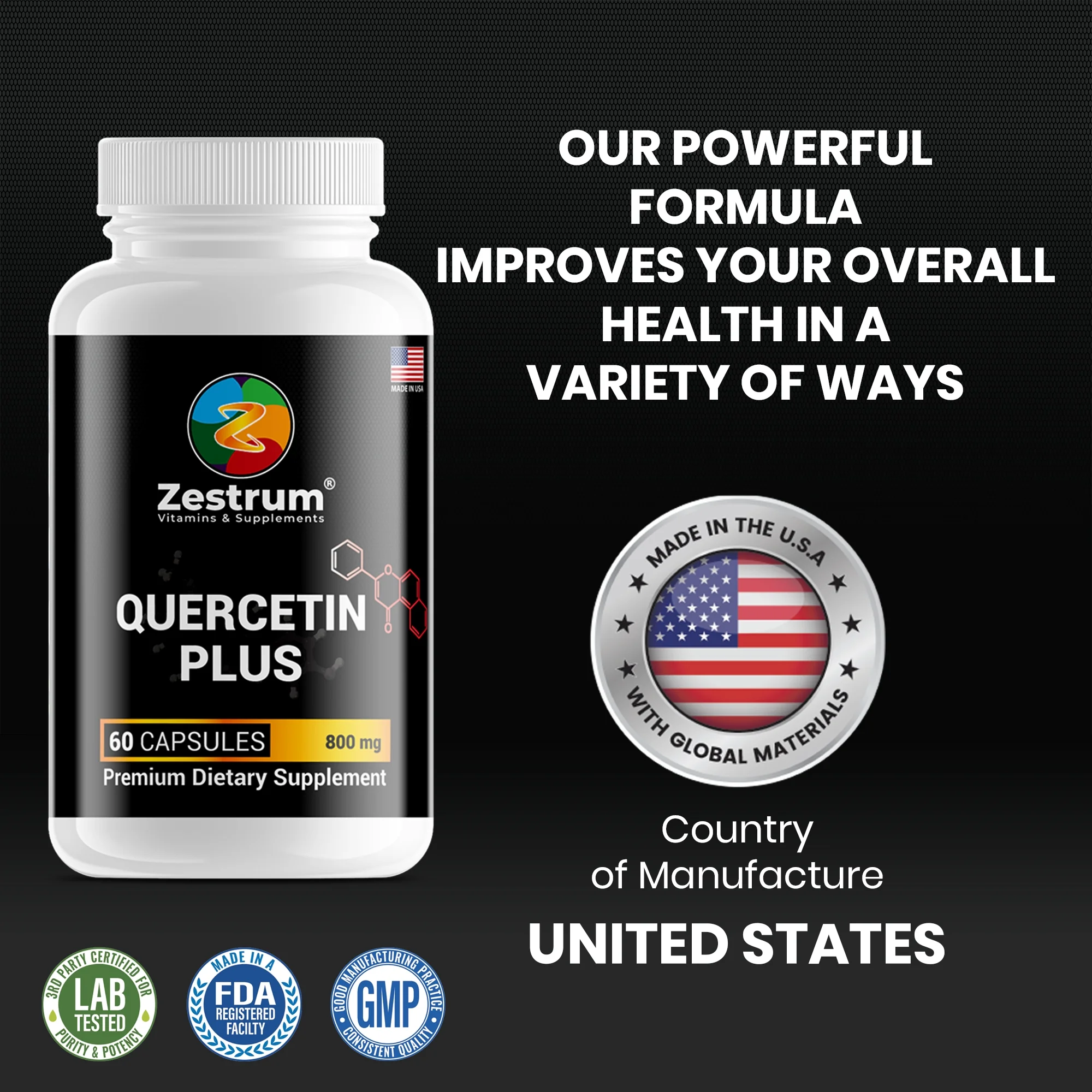 ZESTRUM Zinc Quercetin Plus With Bromelain Supplements - 60 Vegetarian Capsules 800 mg