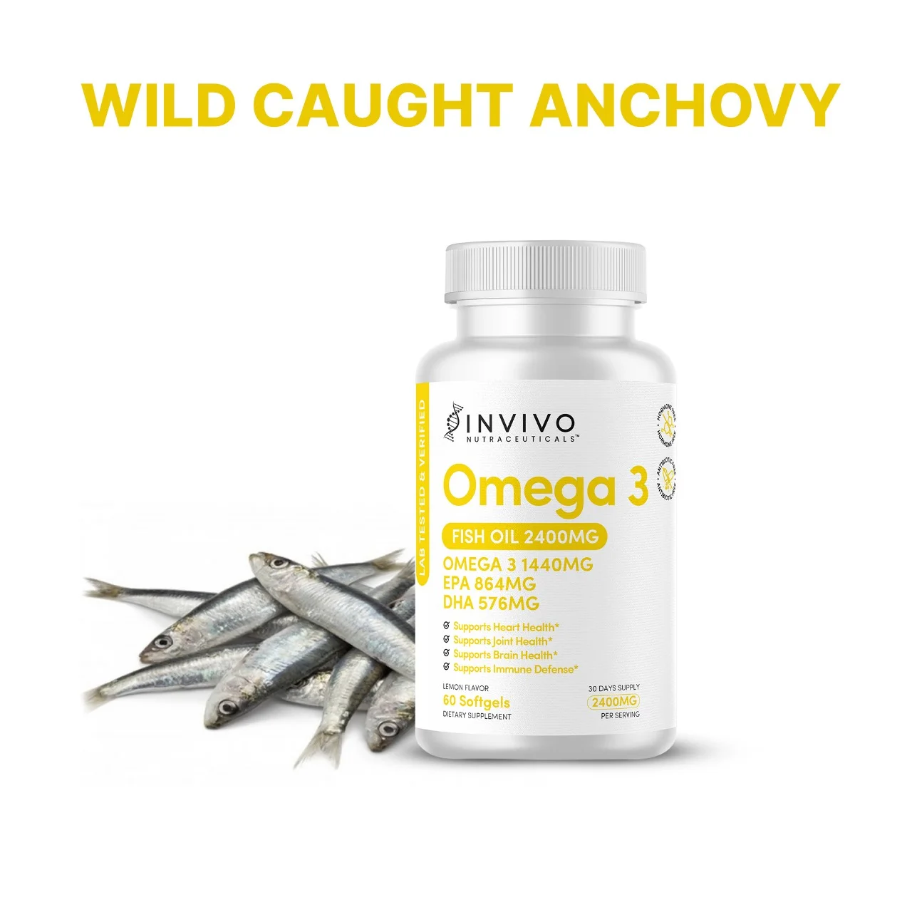 INVIVO Nutraceuticals Triple Strength Omega 3 Fish Oil Supplements - 60 Soft gels Fish Oil 2400 mg