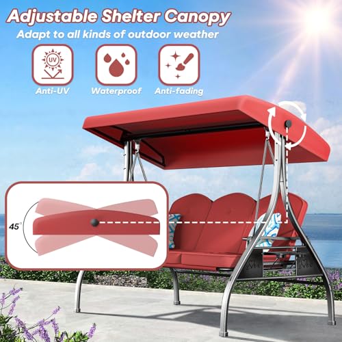 3 Seat Outdoor Porch Patio Swing with Stand 800lbs 2-in-1 Convertible Swing Bed with Adjustable Canopy & Removable Cushion for Yard Garden Deck (Wine Red, Round Tube)