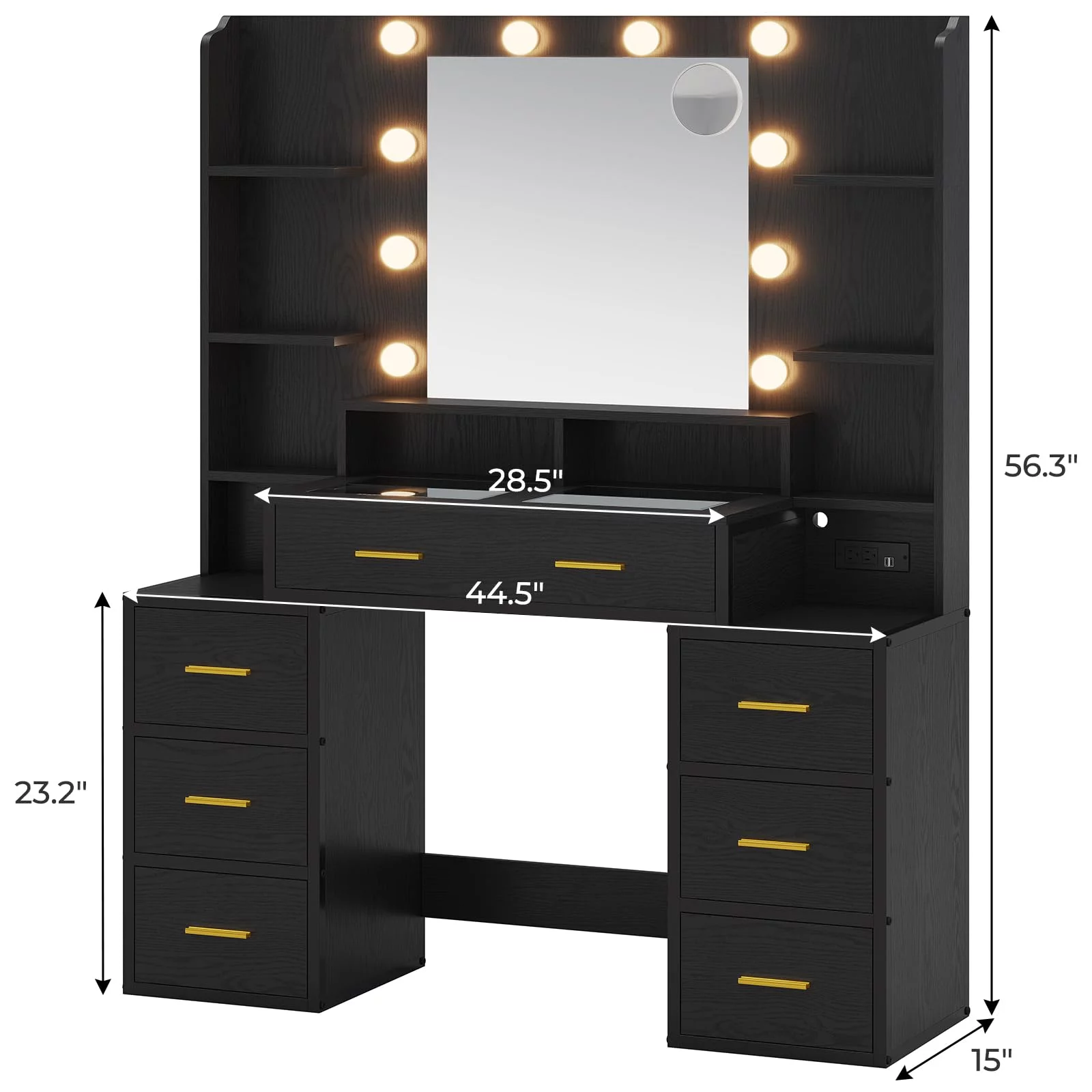 Afuhokles Glass Top Vanity Desk with Mirror and Lights, Makeup Vanity with Lights, Charging Station, 8 Drawers, Acrylic Dividers and Shelves, Black