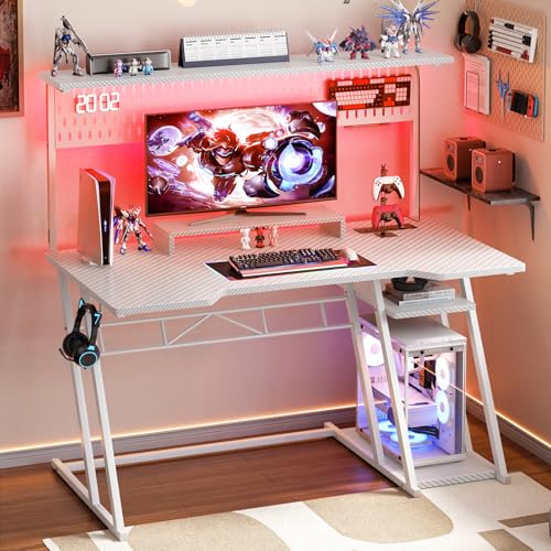 Armocity Gaming Computer Desk with Shelves and Outlets, Gaming Desk with Hutch and LED Lights, Reversible PC Gaming Desks with Pegboard, Carbon Fiber Black 47''