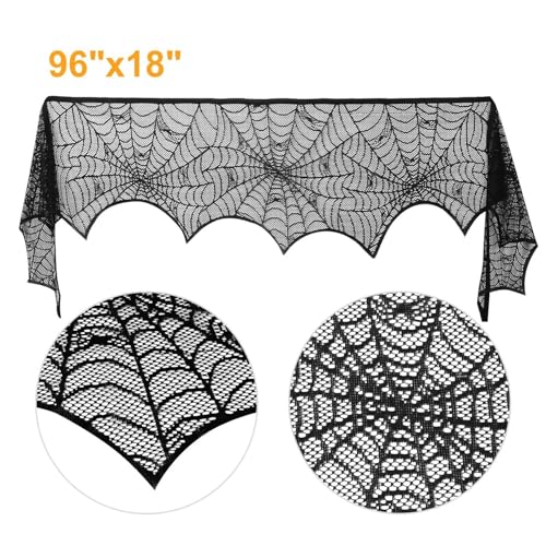 LNRXJCPVD Halloween Mantle Scarf 96x18 Inch Black Lace with Spider Web & Bat Design, Soft Anti-Crease Durable Fabric, 2-Piece Set for Fireplace Mantel, Haunted House, Party Decor