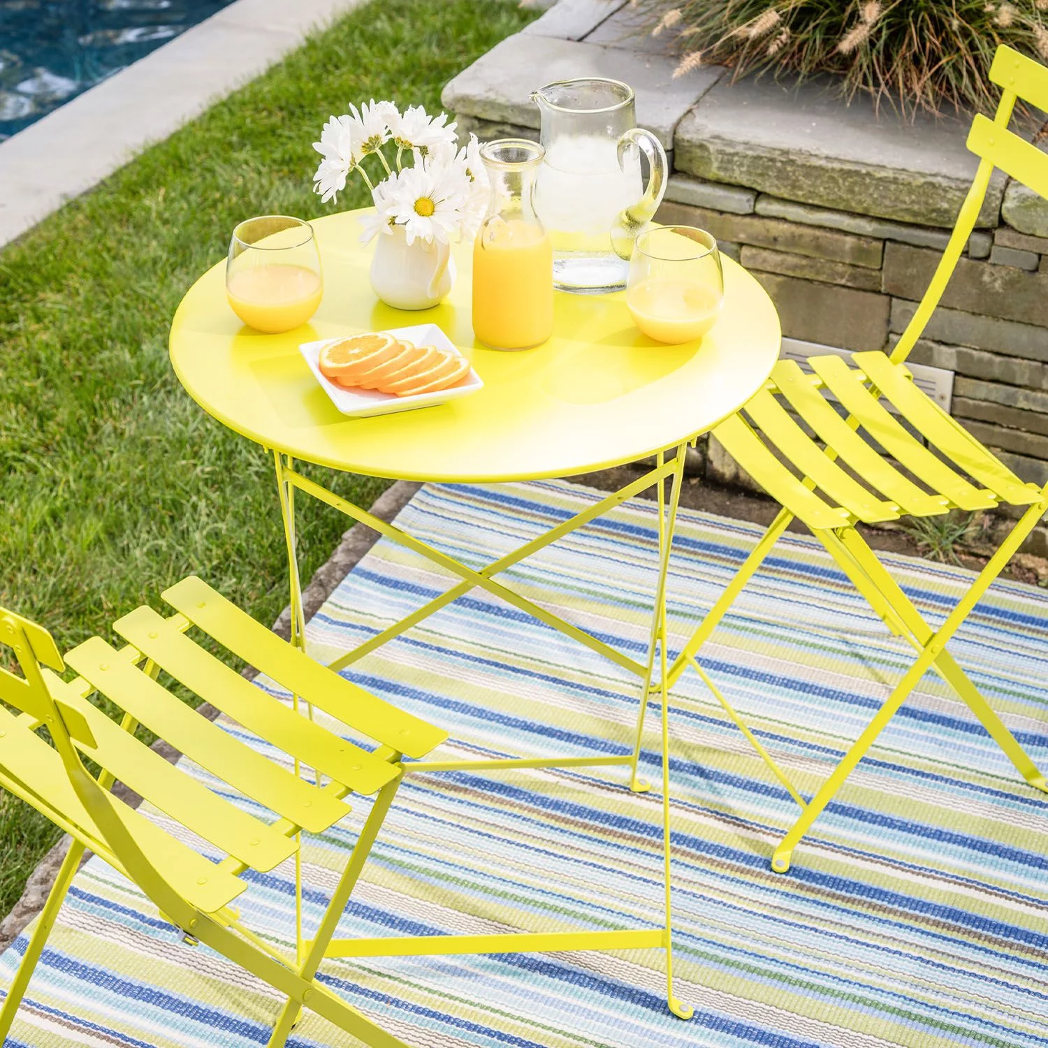 Yayle 3 Piece Bistro Folding Furniture Set – A Patio Round Shape Coffe Table With 2 Ideal Sitting Chairs - Yellow
