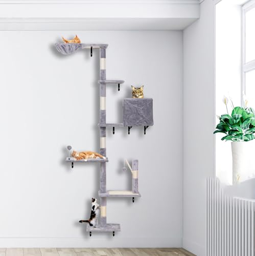 Wall Mounted Cat Climber Set, Modern Cat Furniture with ScratchingPost,Platforms，Dangling Balls,Condo，Suit for Cats Climb, Jump, Nap, Scratch-Gray