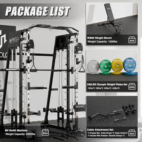 Mikolo Smith Machine, 2200lbs Squat Rack with LAT-Pull Down System & Cable Crossover Machine, Training Equipment with Leg Hold-Down Attachment