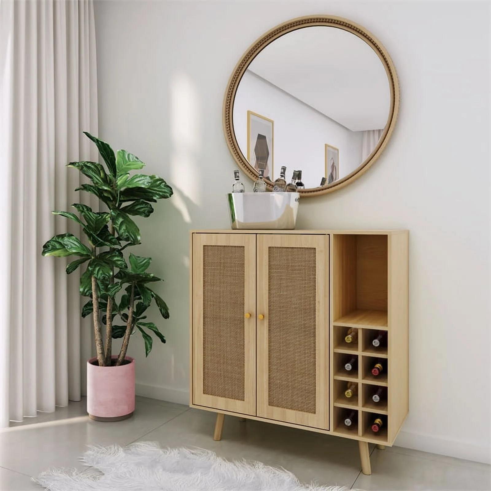 UrbanPro Modern Engineered Wood Bar Cabinet with Rattan Inlay in Oak