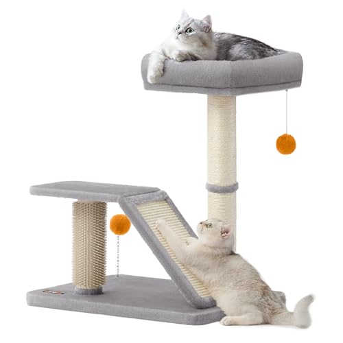 Feandrea Cat Scratching Post with Bed, Multifunctional Cat Scratcher with Perch, Rotatable Ramp, Self-Groomer, Pompoms, Small Cat Tree for Indoor Cats, Dark Gray UPCA024G02