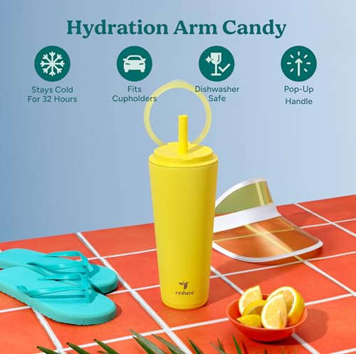 REDUCE Halo 32 oz Stainless Steel Vacuum Insulated Tumbler - Spill Proof Travel Mug with Flip Handle Lid - Keeps Drinks Cold for 32 Hrs - Dishwasher Safe - Cupholder Friendly - Lilac Bud