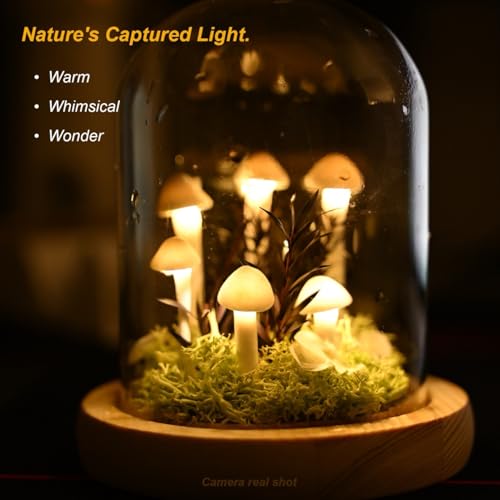 DIY Mushroom Lamp Kit – Handmade Mushroom Night Light with Glass Dome, Terrarium-Style Jungle Atmosphere Night Light with Faux Moss & Wooden Base for Bedroom, Home Decor, Gifts for Women & Kids