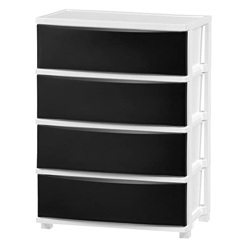 IRIS USA Plastic Drawer Storage Organizer, 4-Drawers, for Classroom Art Supplies Bathroom Dorm Bedroom Laundry Room, Slim Narrow, White Frame with Matte Black Front Panels