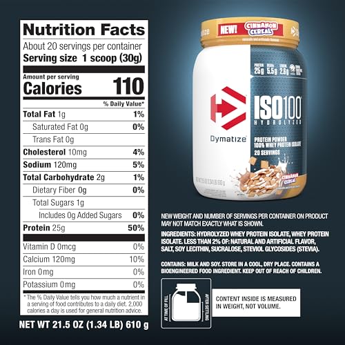 Dymatize ISO100 Whey Protein Powder Isolate, Cookies & Cream, 25g of Protein, 20 Servings, 5.5g BCAAs, Less Than 120 Cal., Gluten Free, 1g Fat, 1g Sugar, 2g Carb
