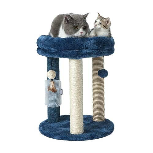 4in1 Small Cat Tree,Scratching Post with Tower Soft Bed, Sisal Carpet Jute Posts with Three Hanging Ball Toys and Massage Brush for Indoor Cats and Kittens