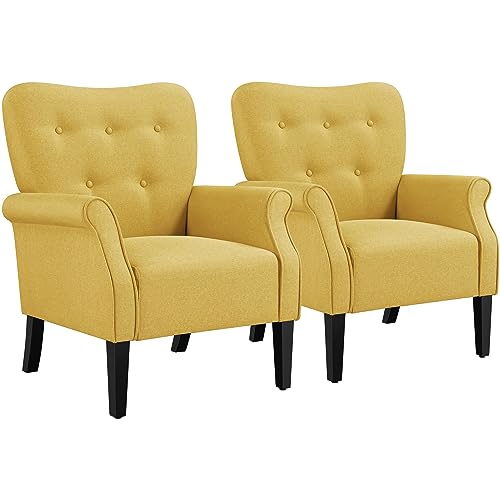 Yaheetech Modern Armchair, Mid Century Accent Chair with Sturdy Wood Legs and High Back for Small Space, Upholstered Fabric Sofa Club Chair for Living Room/Bedroom/Office, Dark Gray