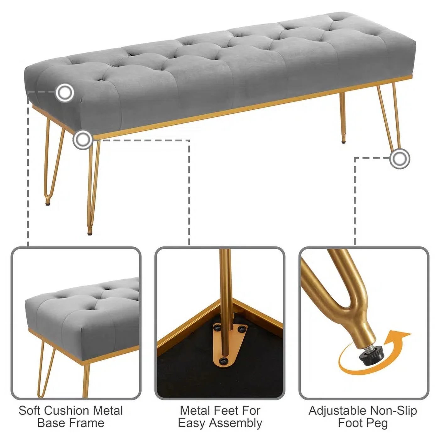 Rectangular Velvet Ottoman with Metal Base, Gray and Golden, Luxury Home Furniture