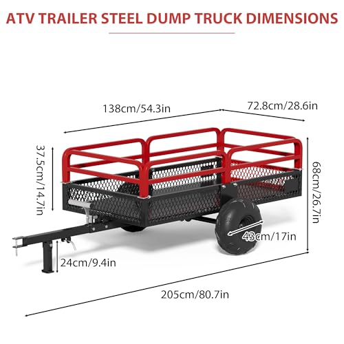 ATV UTV Trailers Tow Behind Dump Cart, 1500lbs Utility Trailers W/Support Stand, Heavy Duty Carts with Wheels, Yard Garden Cargo Wood Trailer Steel Dump Trailer for Lawn Mower Tractor (Red)