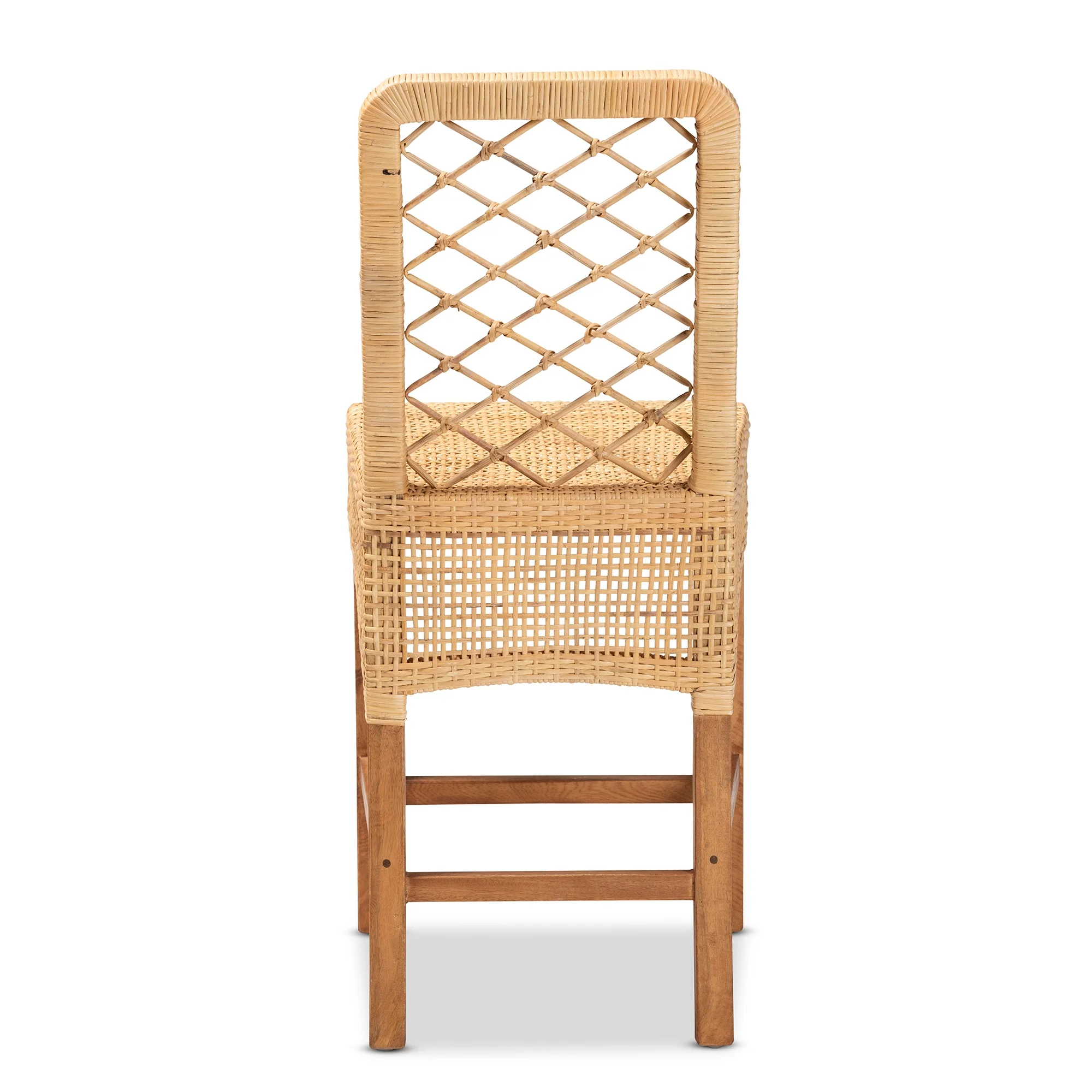 bali & pari Moscow Modern BoHo Natural Rattan and Walnut Brown Finished Wood Counter Stool