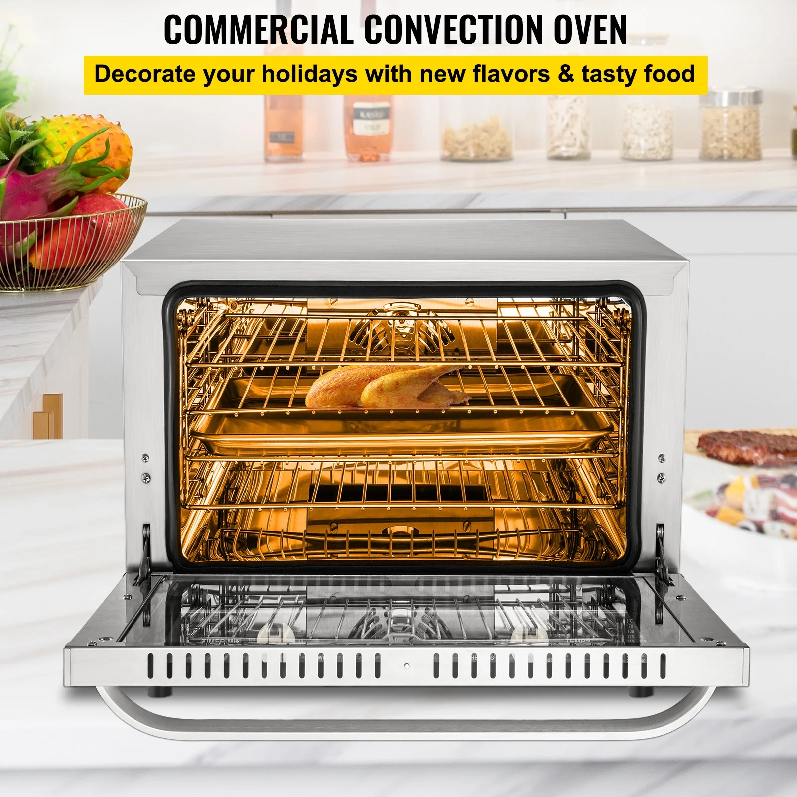 SKYSHALO Commercial Convection Oven, 66L/60Qt, Half-Size Conventional Oven Countertop, 1800W 4-Tier Toaster with Front Glass Door, Electric Baking Oven with Trays Wire Racks Clip Gloves, 120V