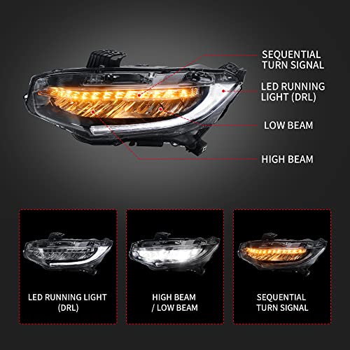 VLAND LED Headlights Assembly Compatible For 10TH Gen Honda Civic Sedan/Coupe/Hatchback/Type R 2016 2017 2018 2019 2020 2021, W/Sequential Turn Signal, LED DRLs, H/L Beam Lens