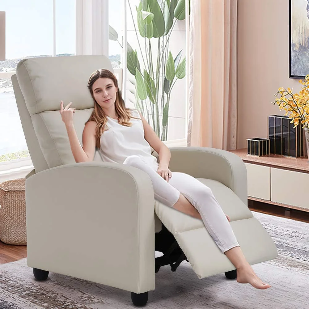 Recliner Chair, Padded Wide Seat Sofa PU Leather Massage Reclining Chair With Footrest & Backrest, Wingback Heavy Duty Modern Single Sofa Home Theater Seating Easy Lounge For Living Room, Beige
