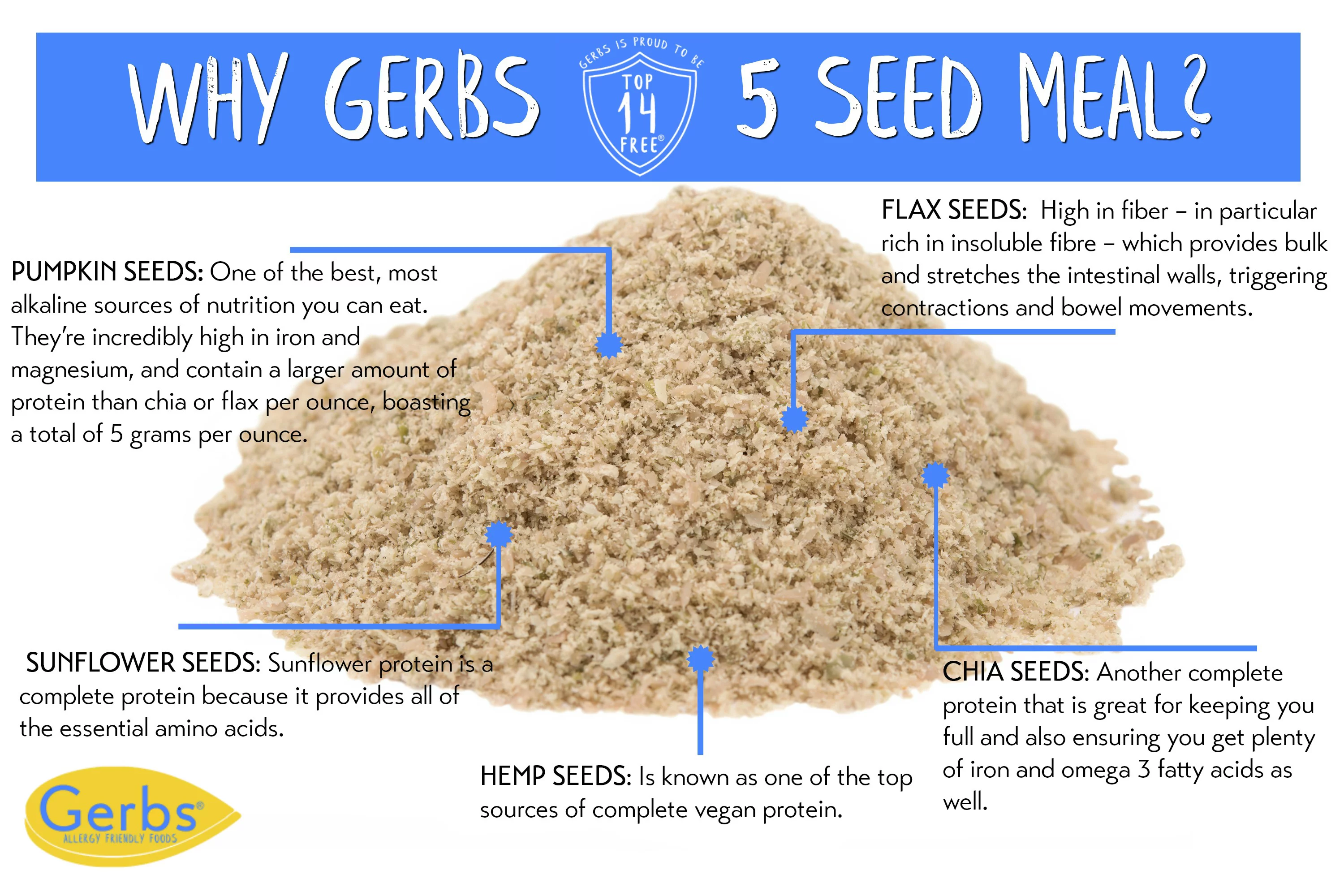 Ground Raw Pumpkin, Sunflower, Chia, Flax, Hemp Seed Meal By Gerbs - 2 LBS - Top 14 Food Allergen Free & NON GMO