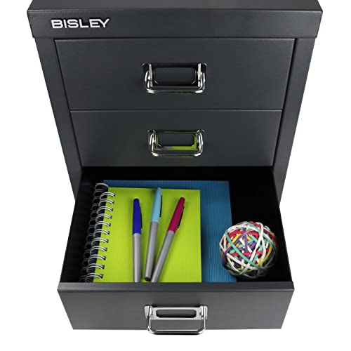 Bisley 10-Drawer Steel MultiDrawer Cabinet - Black, Chrome Pull Handles with Label Holders, Powder-Coated Steel, Removable Drawers, Fits Under Most Desks, Labels Included
