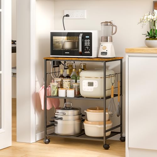 Rolling Kitchen Microwave Cart, 3 Tier Microwave Table Stand with Storage, Kitchen Utility Cart on Lockable Wheels, Small Coffee Cart Shelf Rack Organizer for Living Room Office, Balcony