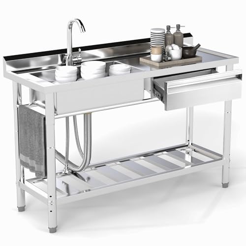 Stainless Steel Utility Sink, 47.2'' Free Standing Single Bowl Kitchen Sink with Right Drawer, Cold and Hot Water Pipe, Indoor and Outdoor for Laundry Room Farmhouse Kitchen(47.2 inch)