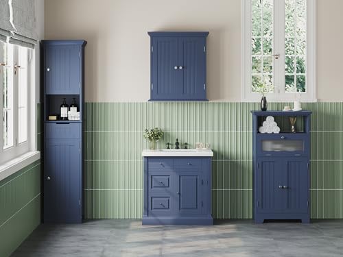 ChooChoo Bathroom Floor Storage Cabinet with Flip Glass Drawer, Freestanding with 2 Doors, Adjustable Shelf & 1 Open Storage for Living Room, Hallway, Navy Blue