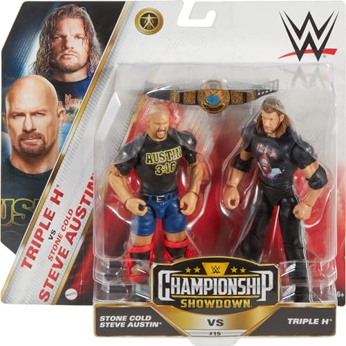 Mattel WWE Championship Showdown 2-Pack Action Figures & Accessory, Series #15 Stone Cold Steve Austin vs Triple H Collectible Set, 6-inch