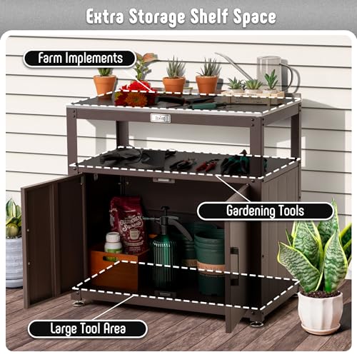 Garden Potting Bench with Storage Cabinet,Outdoor Gardening Table & Work Bench for Plants, Horticulture,Outdoor Workstation with Stainless Steel Tabletop,Outdoor Work Table