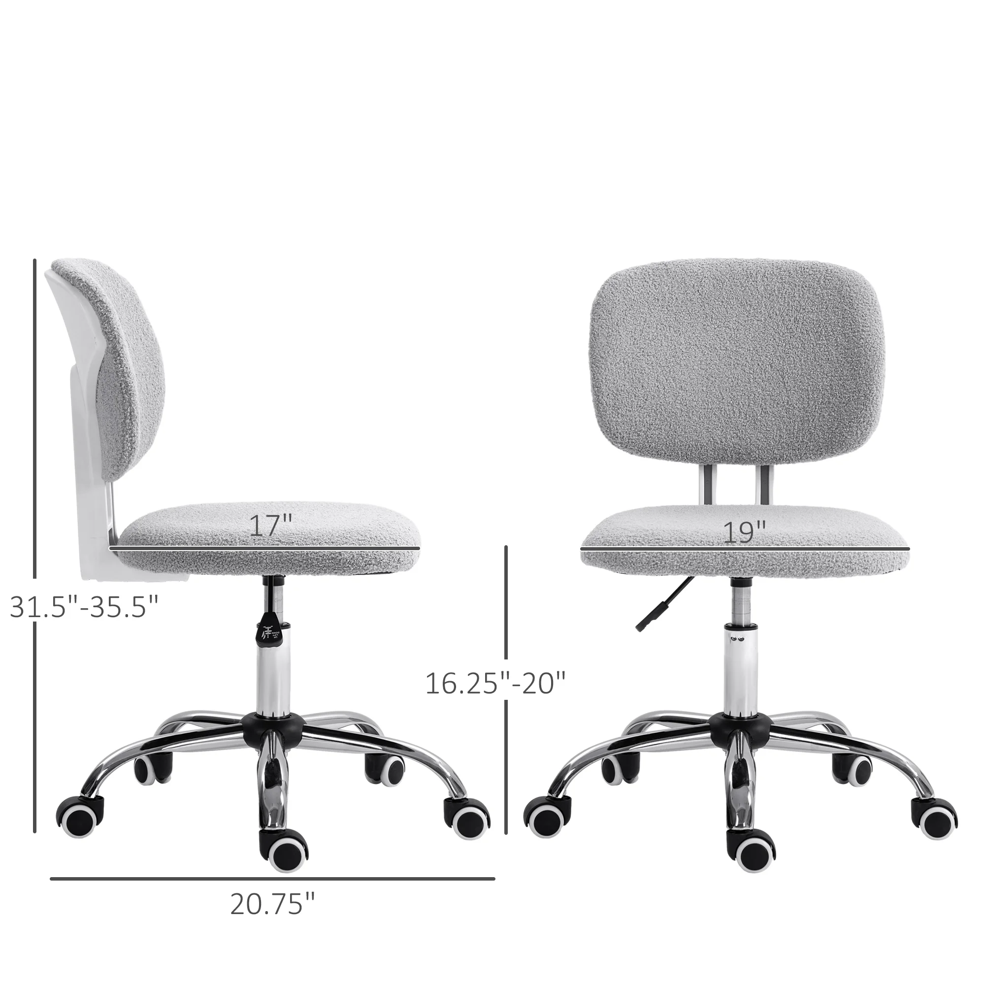 CoSoTower Cute Armless Office Chair, Teddy Fleece Fabric Computer Desk Chair, Vanity Task Chair with Adjustable Height, Swivel Wheels, Mid Back, Light Gray