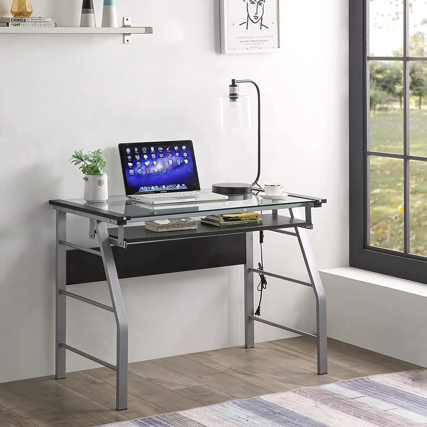 RUNFAYBIU King's Brand Metal and Glass Top Home Office Computer Desk/Table  Silver Finish