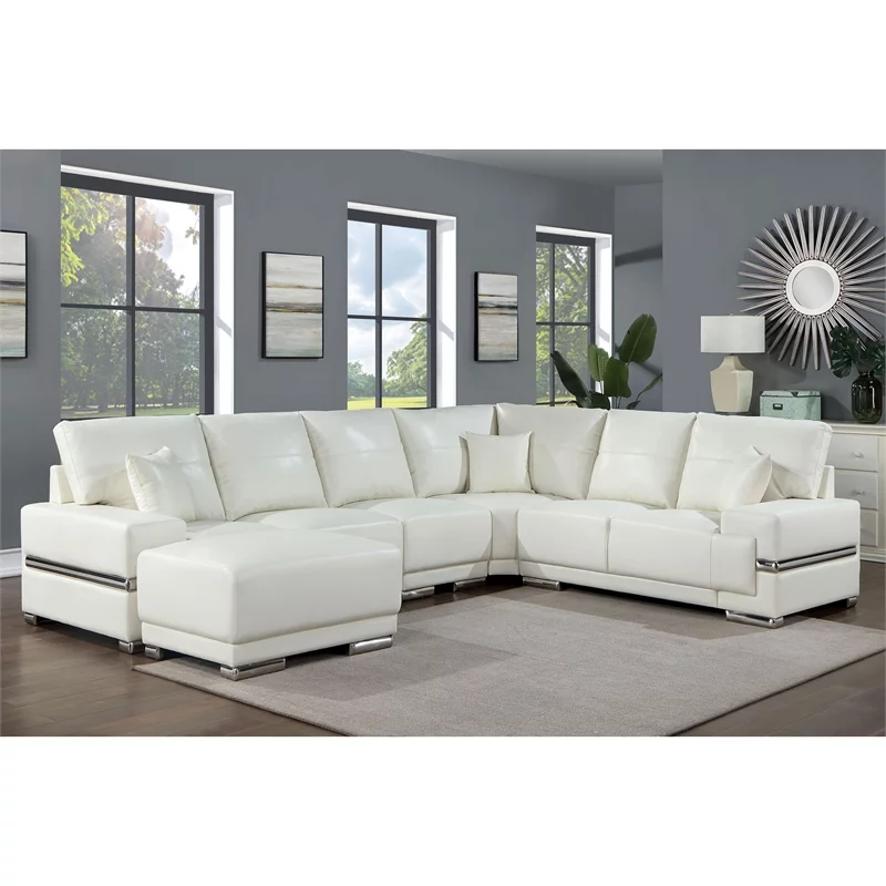 Furniture of America Thea Faux Leather Large Sectional with Ottoman in White