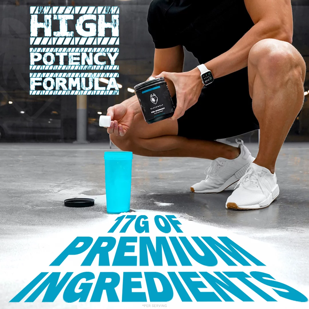 BlackWolf Pre Workout Powder Blue Raspberry, Caffeine, L-Citrulline & Amino Acids, 22 Servings