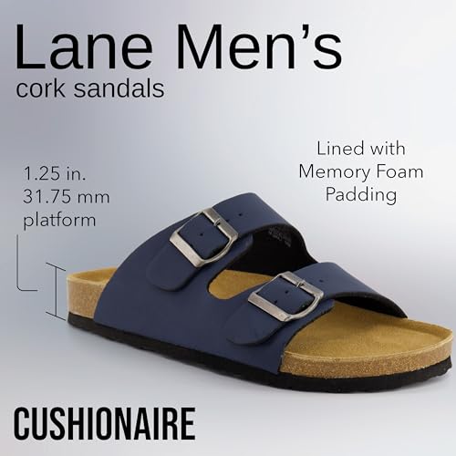 CUSHIONAIRE Lane Cork Footbed Mens Sandals, Adjustable Buckle Comfort Slides for Men, Genuine Leather Insole Summer Sandals Men Footwear