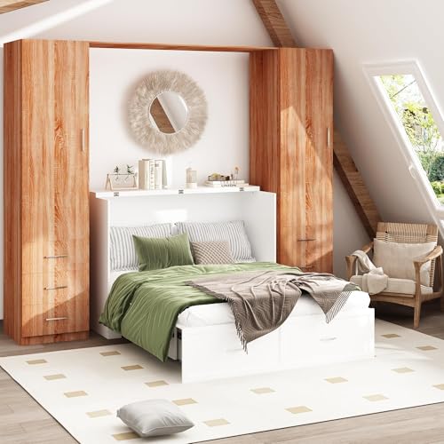 ECACAD Multi-Functional 2-in-1 Murphy Cabinet Bed, Full Size Bed Frame Murphy Bed Chest with Built-in Power Strip & 3 Drawers, Full Foldable Platform Bed, White