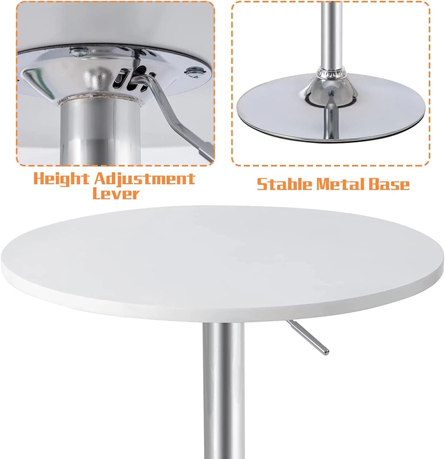 Elecwish 35 Inches Height Modern Round Bar Table Adjustable Height Chrome Metal and Wood Cocktail Dinner Pub Table MDF Top 360° Swivel Furniture, White
