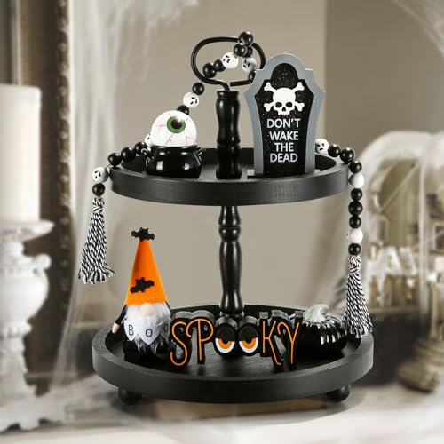 Bundle of 6 PCS Halloween Decorations and Wooden Two Tiered Tray Stand