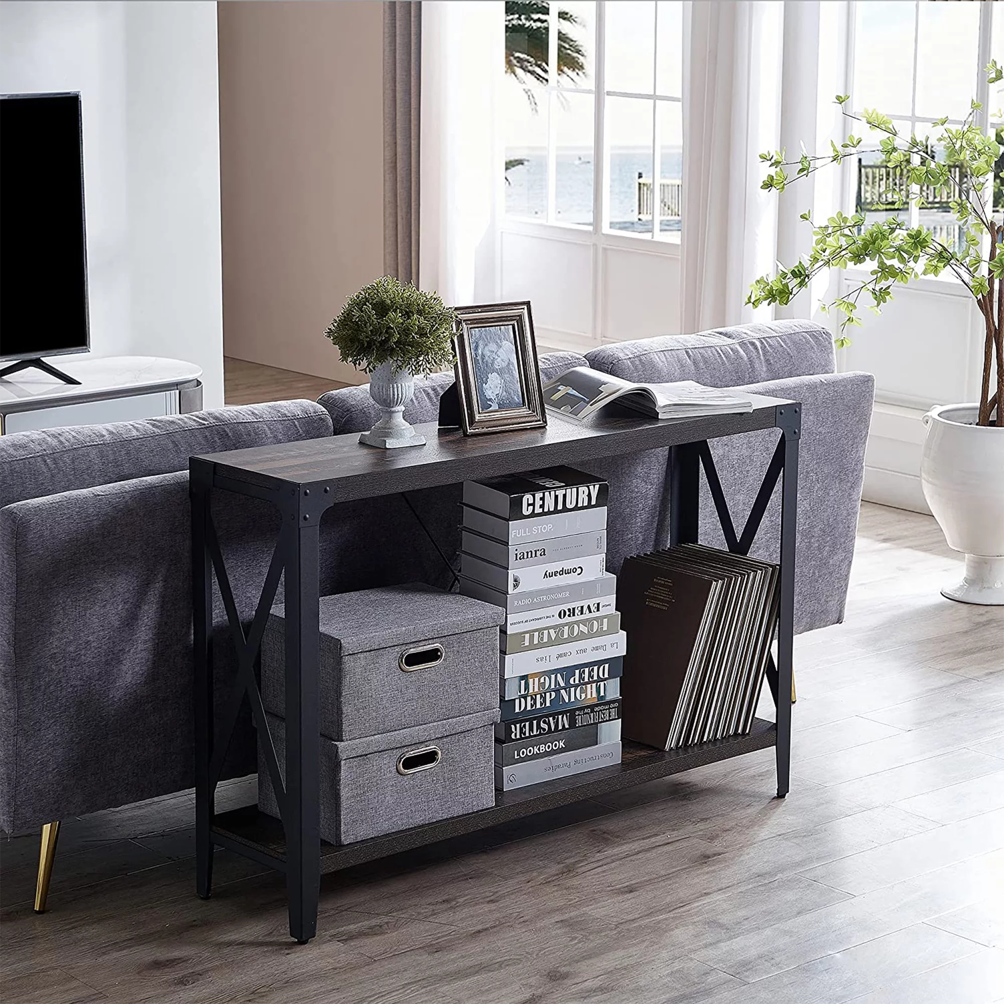 OKD 46 Inch 2-Tier Console Hallway Entryway Accent Table, Dark Rustic Oak