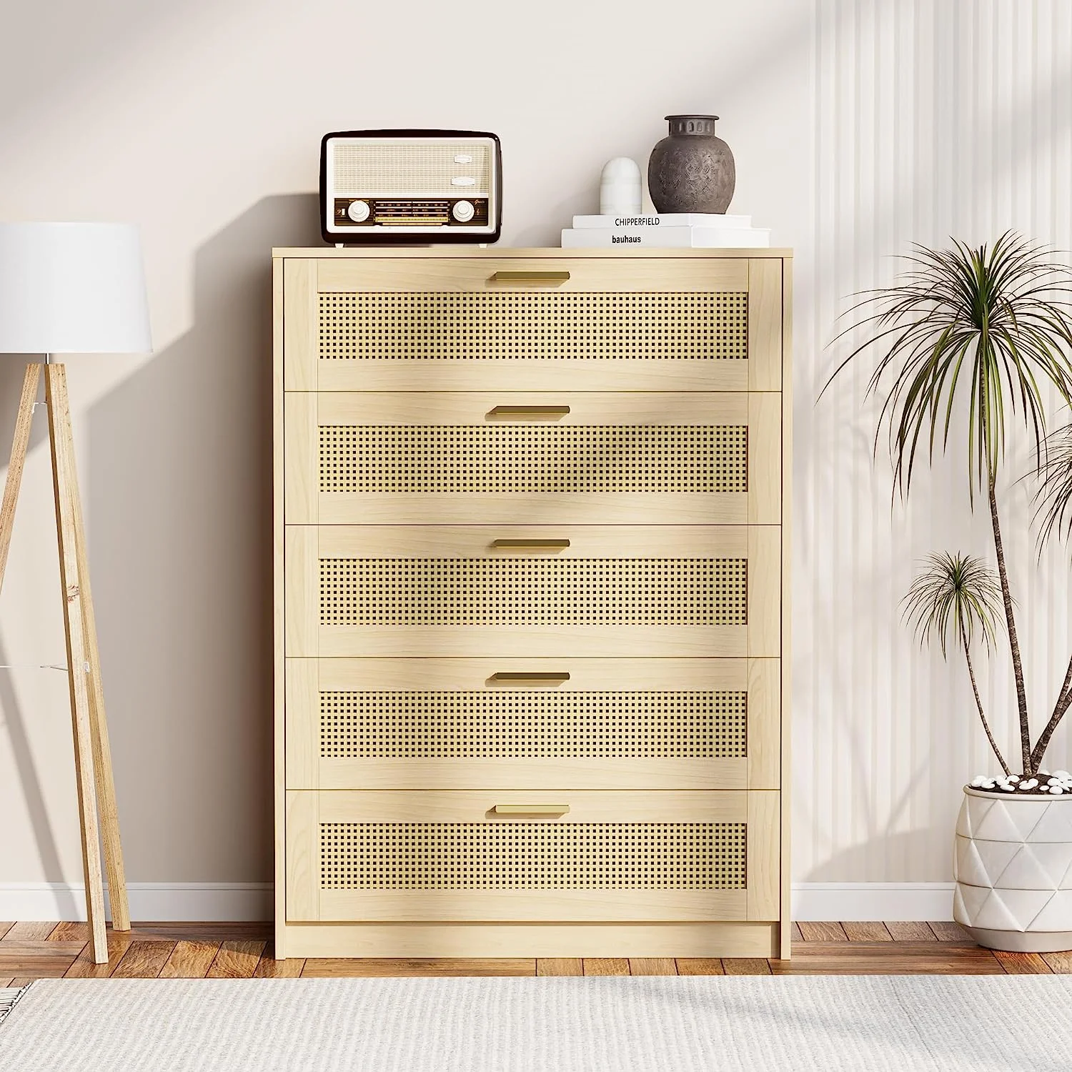 Cozy Castle Rattan 5 Drawer Dresser for Bedroom, Modern Boho Dresser for Bedroom, Wooden Chest of Drawers with Metal Handles, Oak