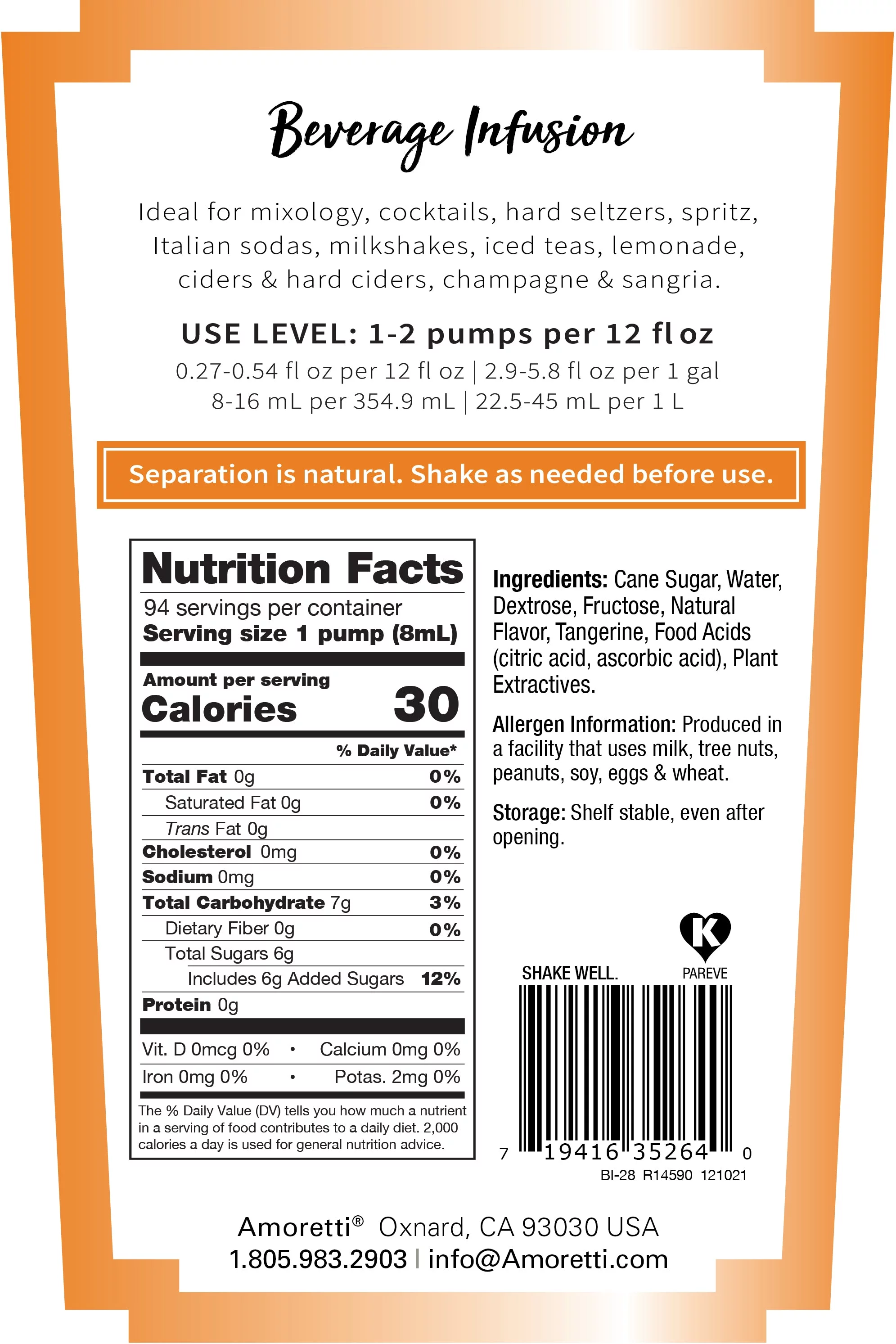 Amoretti - Tangerine Beverage Infusion - Drink Mix & Water Enhancer with Pump for Flavoring Cocktails, Waters, Teas, and other Beverages, 94 Servings Per Bottle (750 ml), Preservative Free