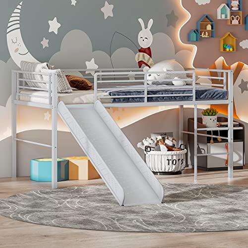 Giantex Twin Loft Bed with Slide, Metal Low Bunk Bed w/Safety Guardrails & Built-in Ladder, Toddler Bed Floor Frame for Boys & Girls, No Box Spring Needed (White)