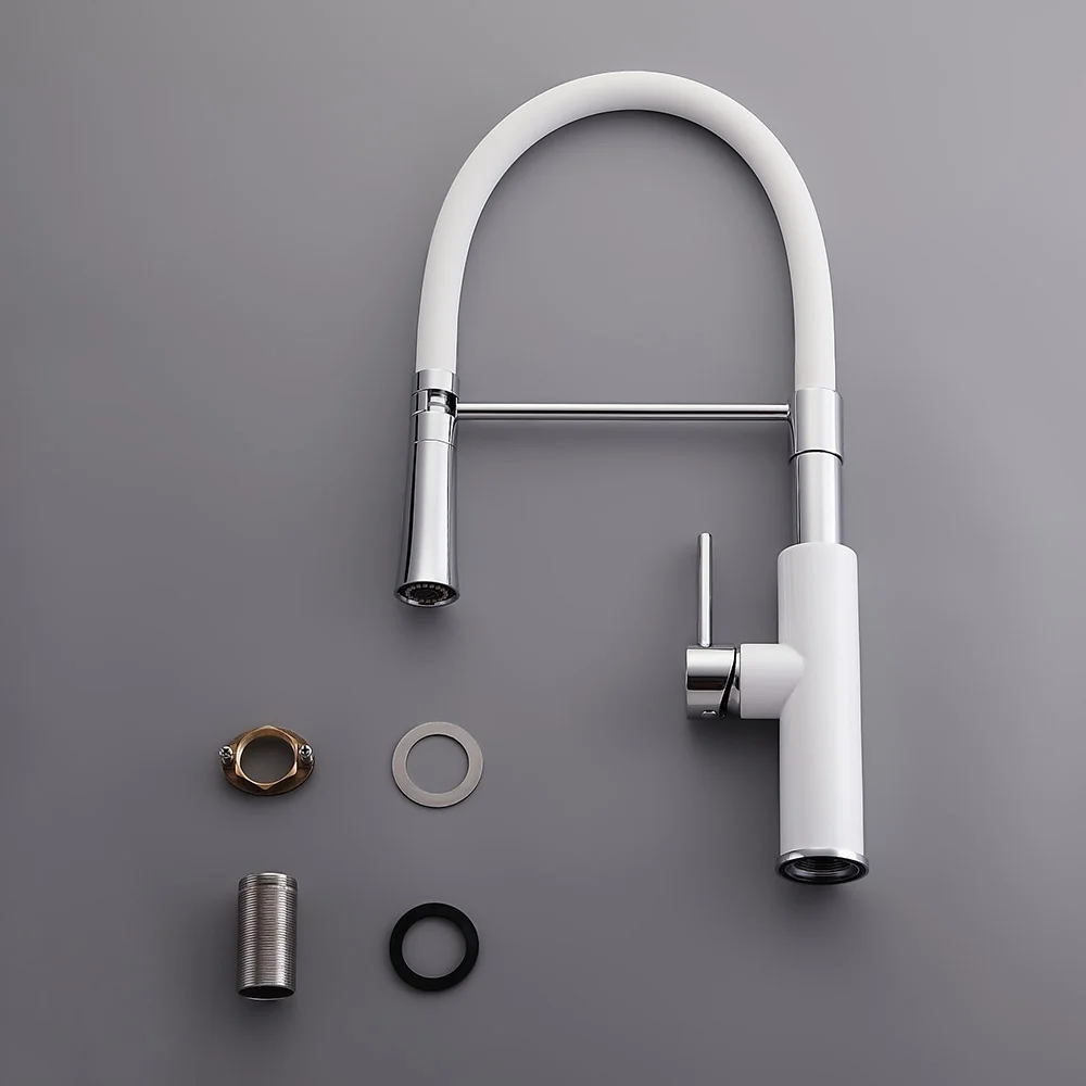 Homary Modern Sleek White & Chrome Pull-Down Spray Kitchen Faucet Single Handle Solid Brass