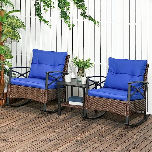 Outsunny 3 Piece Patio Rocking Chair Set, Outdoor Wicker Bistro Set with 2 Cushioned Porch Rockers and 2 Tier Coffee Table for Garden, Porch, Backyard, Light Gray