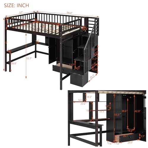 Full Size Loft Bed with Wardrobe Desk Storage Stairs, Wood Loft Bed Frame with Bookcase and Drawers, High Loft Bedframe for Kids Teens Adults, No Box Spring Needed, Espresso
