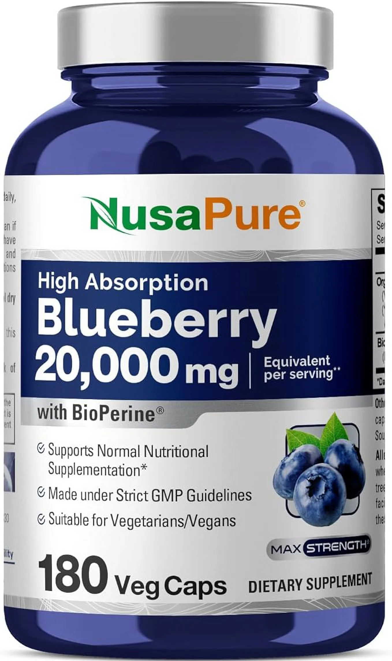 NusaPure Blueberry Concentrate 20,000mg - 180 Veggie Powder caps (Extract 30:1, 100% Vegetarian, Non-GMO & Gluten Free)