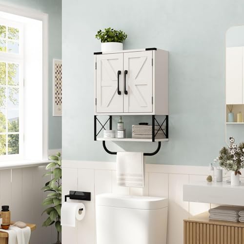 RUSTOWN Farmhouse Rustic Medicine Cabinet with Two Barn Door,Wood Wall Mounted Storage Cabinet with Adjustable Shelf and Towel Bar, 3-Tier Cabinet for Bathroom, Living Room(Vintage White)