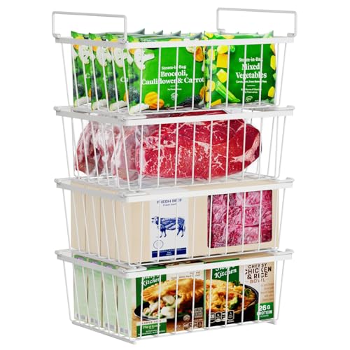 iSPECLE Freezer Organizer Bins - 4 Pack Stackable Deep Freezer Organizer Bins for 5 Cu.Ft Chest Freezer Easy Get Food from Bottom without Digging, Add Space Sort Store More Frozen Food, Black